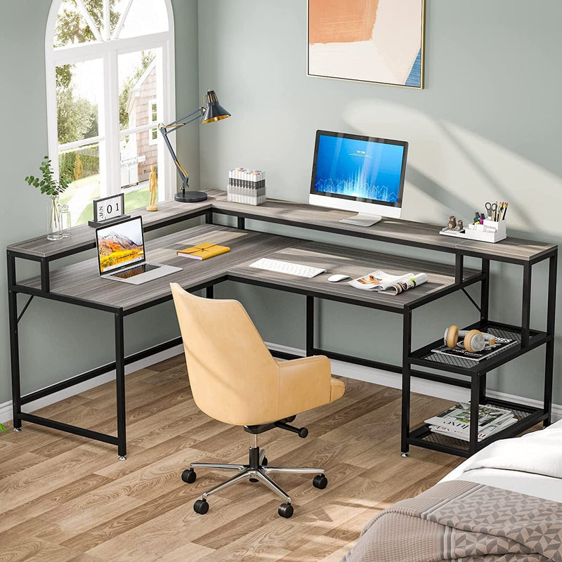 Tribesigns 69 Inch L Shaped Desk with Monitor Stand, Large Reversible Corner Desk with Storage Shelf, Industrial Computer Table Writing Desk for Home Office, Gray Home & Garden > Household Supplies > Storage & Organization Tribesigns   