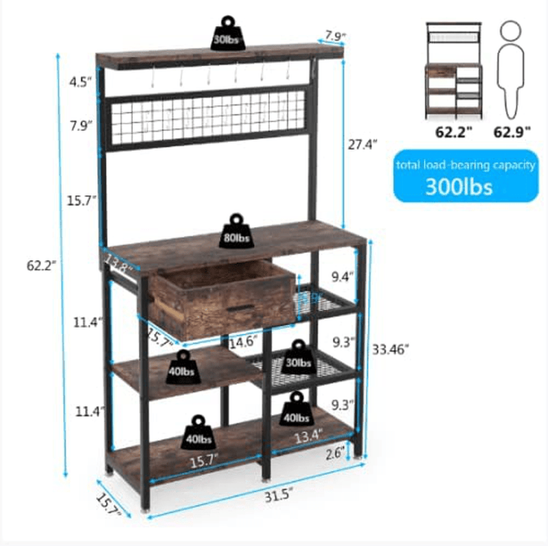 Tribesigns Baker’S Rack,Microwave Oven Stand with Storage Drawer,Floor Standing Kitchen Shelf,5-Tier Utility Storage Shelf with 15 S-Shaped Hooks,Mesh Shelves,Organizer Workstation,Vintage Brown