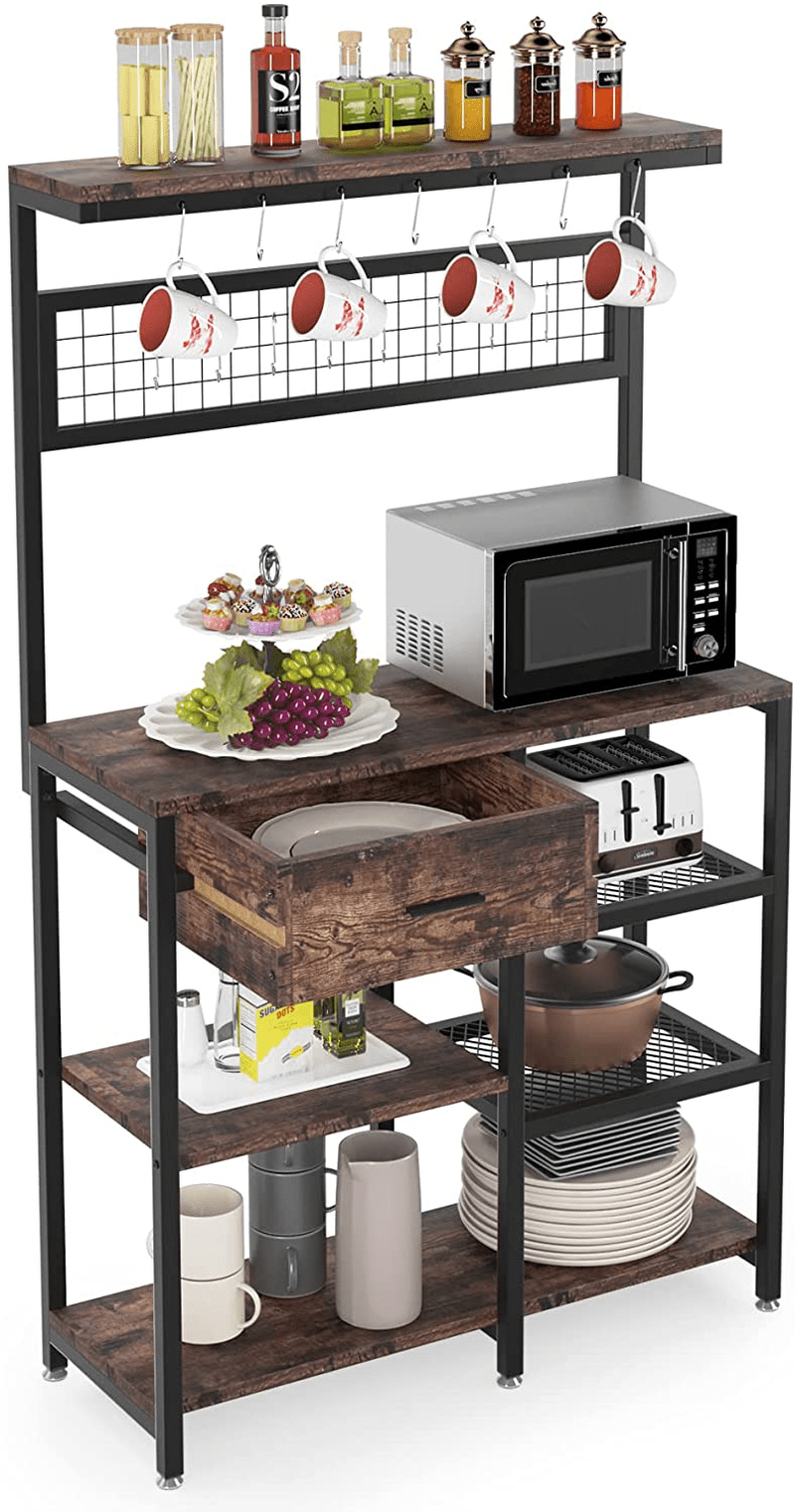 Tribesigns Baker’S Rack,Microwave Oven Stand with Storage Drawer,Floor Standing Kitchen Shelf,5-Tier Utility Storage Shelf with 15 S-Shaped Hooks,Mesh Shelves,Organizer Workstation,Vintage Brown