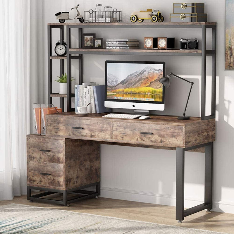 Tribesigns Computer Desk with 4 Drawers and Hutch, 55 Inch Home Office Desk with Storage Shelves, Industrial Study Writing Table Laptop Workstation Home & Garden > Household Supplies > Storage & Organization Tribesigns   