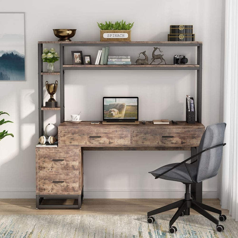 Tribesigns Computer Desk with 4 Drawers and Hutch, 55 Inch Home Office Desk with Storage Shelves, Industrial Study Writing Table Laptop Workstation