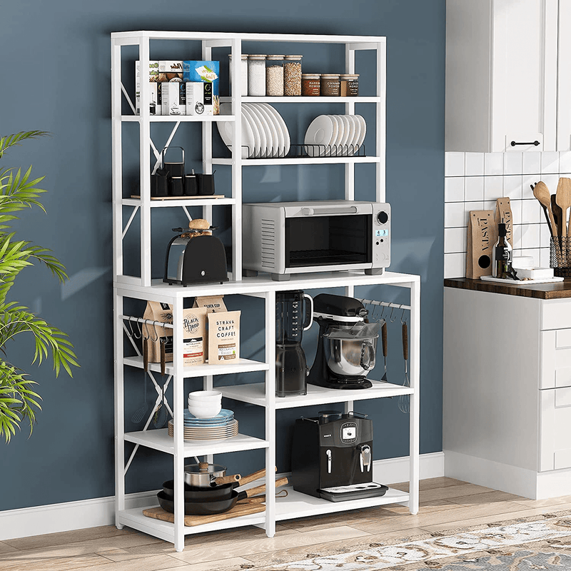 Tribesigns Kitchen Baker'S Rack, 5-Tier+6-Tier Kitchen Utility Storage Shelf Table with 10 S-Shaped Hooks and Metal Frame, Workstation Organizer Shelf, 39.3 X 15.7 X 66.9 Inches (White)