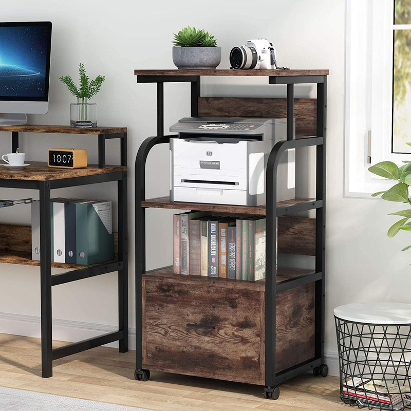 Tribesigns Mobile File Cabinet with Printer Shelf, 3 Tier Printer Stand with Legal Size Drawer, Rolling Filing Cabinet Printer Cart with Storage Shelves for Home Office Kitchen (Rustic Brown) Home & Garden > Household Supplies > Storage & Organization Tribesigns   
