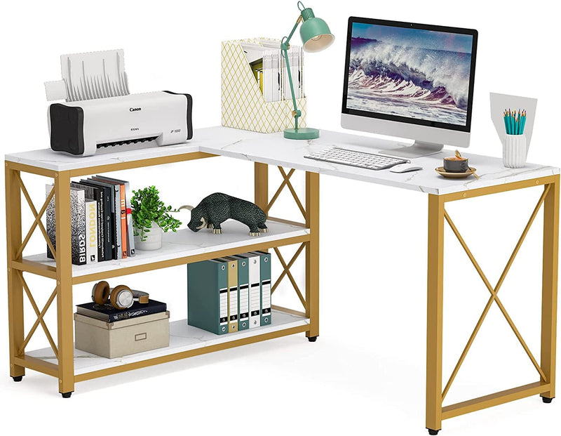 Tribesigns Reversible Modern L-Shaped Desk with Storage Shelves, Corner Computer Desk PC Laptop Study Table Workstation for Home Office Small Space (Gold, 53") Home & Garden > Household Supplies > Storage & Organization Tribesigns   