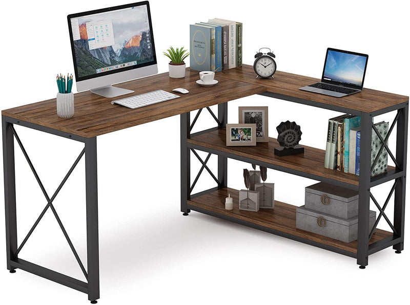 Tribesigns Reversible Modern L-Shaped Desk with Storage Shelves, Corner Computer Desk PC Laptop Study Table Workstation for Home Office Small Space (Gold, 53") Home & Garden > Household Supplies > Storage & Organization Tribesigns Brown 53" 
