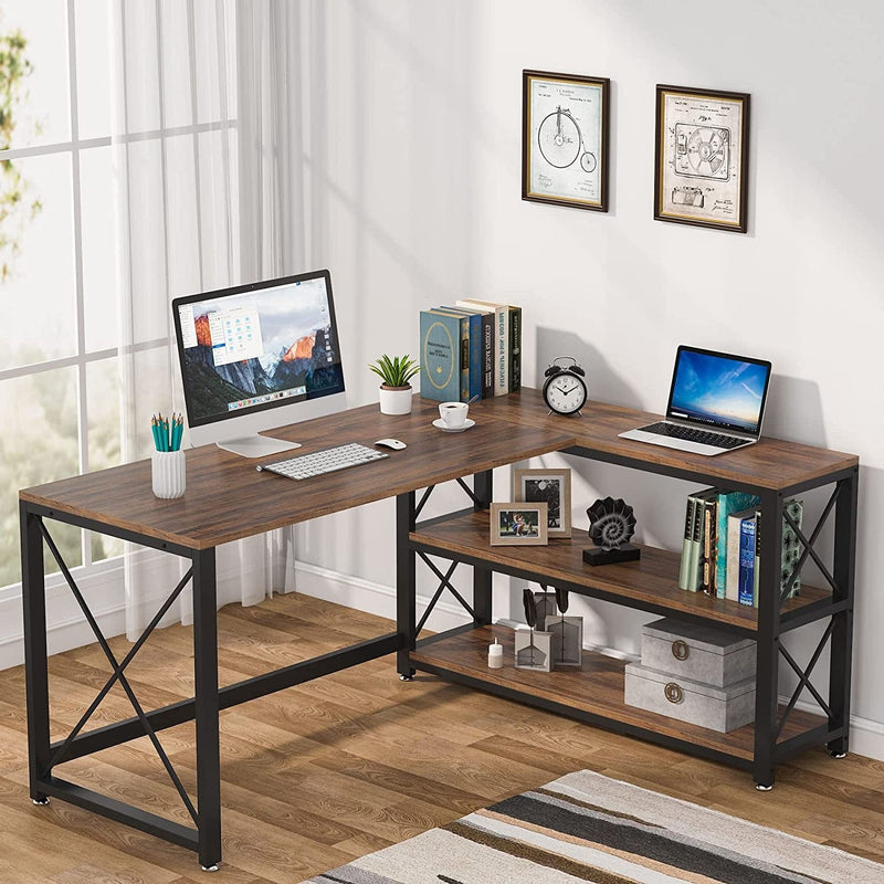 Tribesigns Reversible Modern L-Shaped Desk with Storage Shelves, Corner Computer Desk PC Laptop Study Table Workstation for Home Office Small Space (Gold, 53") Home & Garden > Household Supplies > Storage & Organization Tribesigns Brown 59" 
