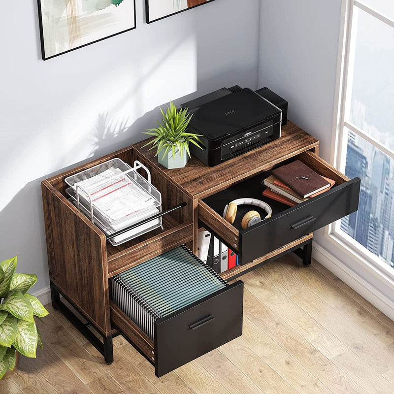 Tribesigns Rustic File Cabinet with 2 Drawers, Lateral Filing Cabinets, Printer Stand with Open Storage Shelves and Letter Size/A4 Size Drawer for Home Office, Black & Brown Home & Garden > Household Supplies > Storage & Organization Tribesigns   
