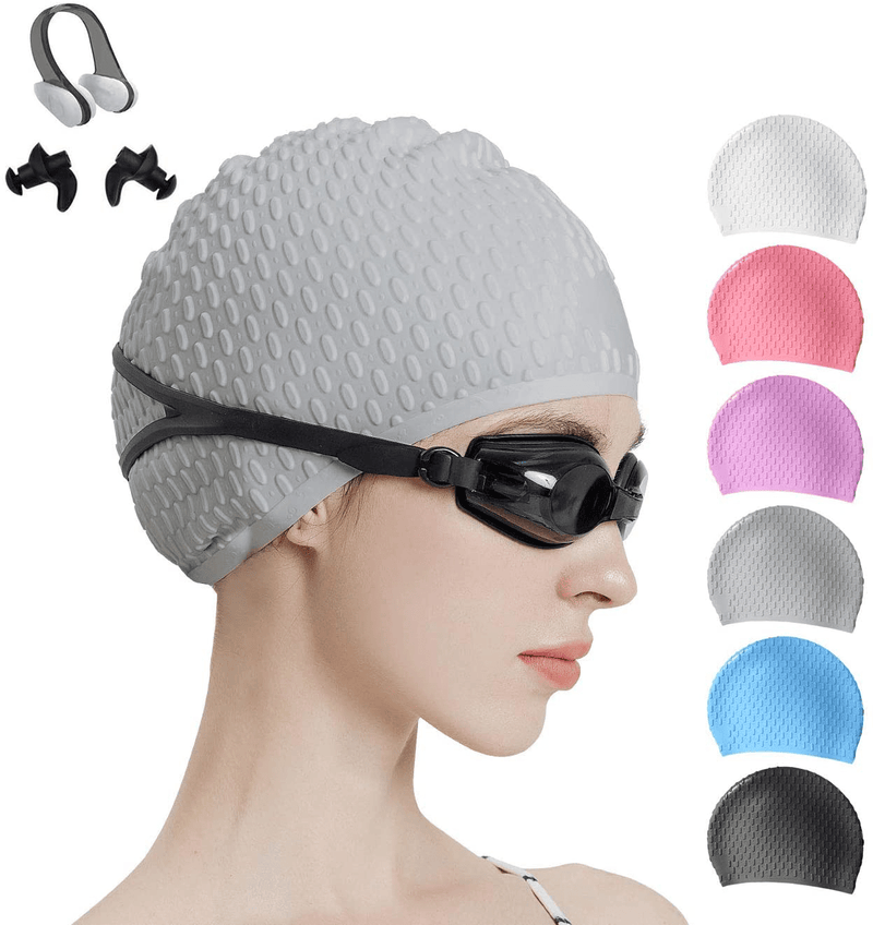 Tripsky Silicone Swim Cap,Comfortable Bathing Cap Ideal for Curly Short Medium Long Hair, Swimming Cap for Women and Men, Shower Caps Keep Hairstyle Unchanged Sporting Goods > Outdoor Recreation > Boating & Water Sports > Swimming > Swim Caps Tripsky swim cap-Gray-earplug  
