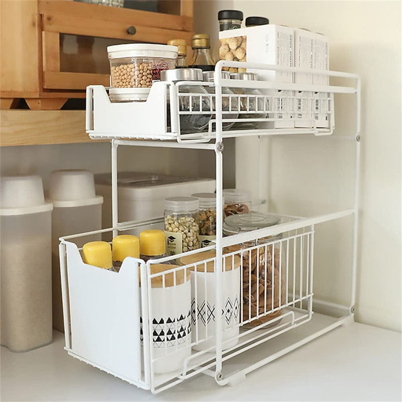 Tristonsong Stackable 2-Tie under Sink Cabinets Organizer with Sliding Storage Drawer, Pull Out Cabinets Organizer Shelf, Sliding Kitchen Countertop Storage Basket-White Large Home & Garden > Household Supplies > Storage & Organization TristonSong   