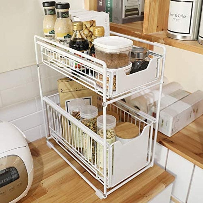 Tristonsong Stackable 2-Tie under Sink Cabinets Organizer with Sliding Storage Drawer, Pull Out Cabinets Organizer Shelf, Sliding Kitchen Countertop Storage Basket-White Large Home & Garden > Household Supplies > Storage & Organization TristonSong   
