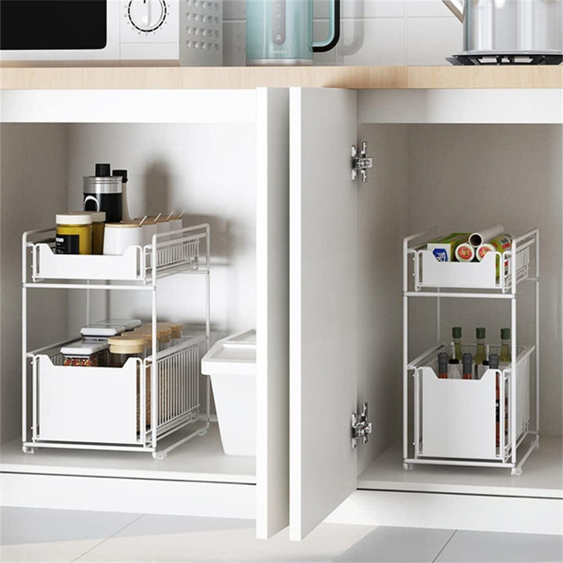 Tristonsong Stackable 2-Tie under Sink Cabinets Organizer with Sliding Storage Drawer, Pull Out Cabinets Organizer Shelf, Sliding Kitchen Countertop Storage Basket-White Large