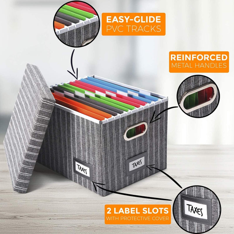 TRIZO Decorative File Box Organizer - Collapsible Filing Cabinet System with Lid for Hanging File Folder, Home & Office Storage Organization