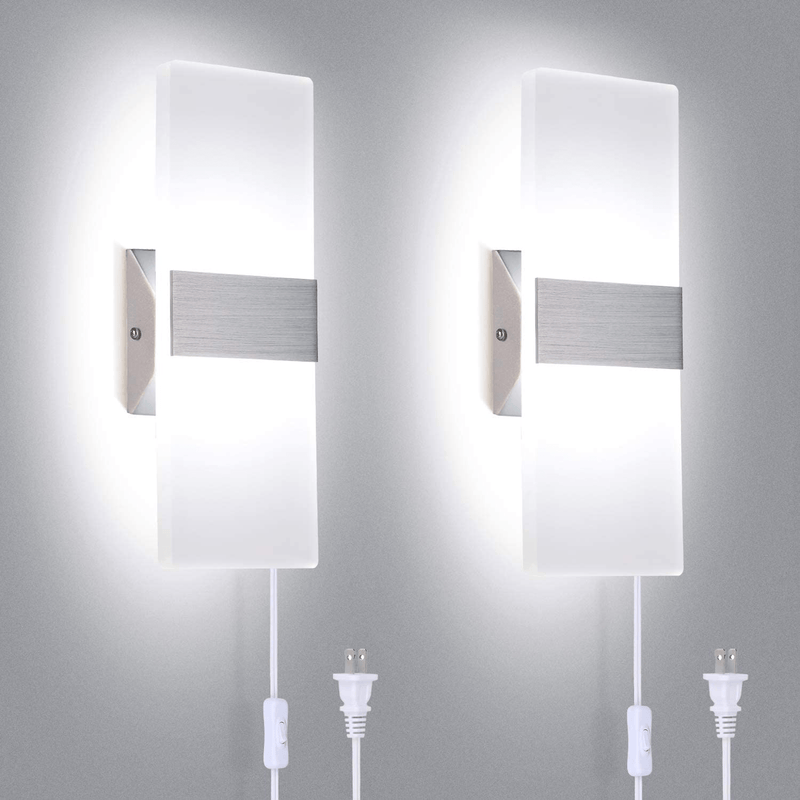 TRLIFE Modern Wall Sconces Set of Two, Plug in Wall Sconces 12W 6000K Cool White Acrylic Wall Sconce Lighting with 6FT Plug in Cord and On/Off Switch on the Cord(2 Pack) Home & Garden > Lighting > Lighting Fixtures > Wall Light Fixtures KOL DEALS   