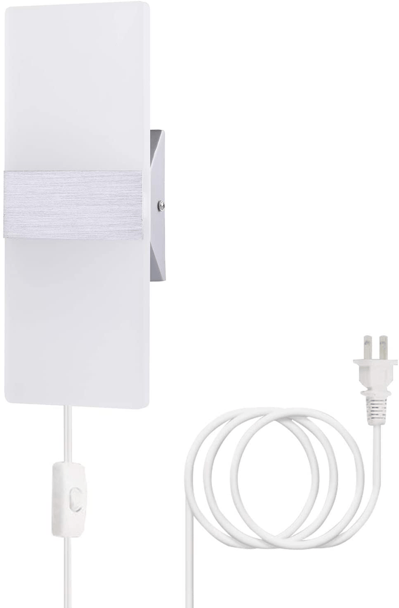 TRLIFE Modern Wall Sconces Set of Two, Plug in Wall Sconces 12W 6000K Cool White Acrylic Wall Sconce Lighting with 6FT Plug in Cord and On/Off Switch on the Cord(2 Pack)