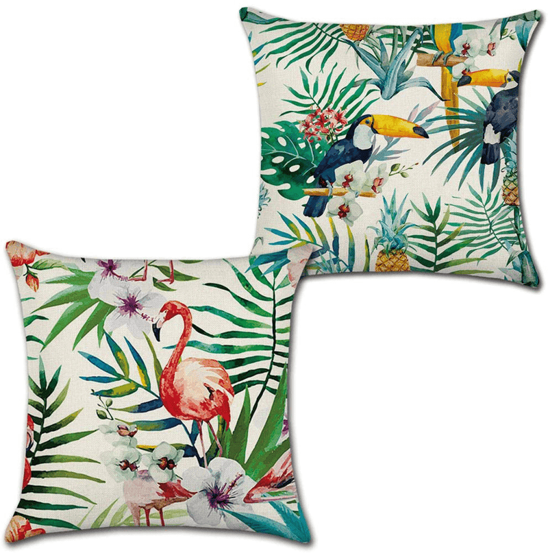 Tropical Green Leaves Throw Pillow Covers 18X18 Set of 4, Linen Palm Leaf Leaves Decorative Throw Pillow Cushion Cases Cover for Outdoor Sofa Patio Couch Car Decor(Cream, No Pure White) Home & Garden > Decor > Chair & Sofa Cushions KAKABUQU Flamingo Tropical Plant  