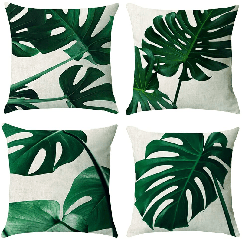 Tropical Green Leaves Throw Pillow Covers 18X18 Set of 4, Linen Palm Leaf Leaves Decorative Throw Pillow Cushion Cases Cover for Outdoor Sofa Patio Couch Car Decor(Cream, No Pure White) Home & Garden > Decor > Chair & Sofa Cushions KAKABUQU Green and Cream  