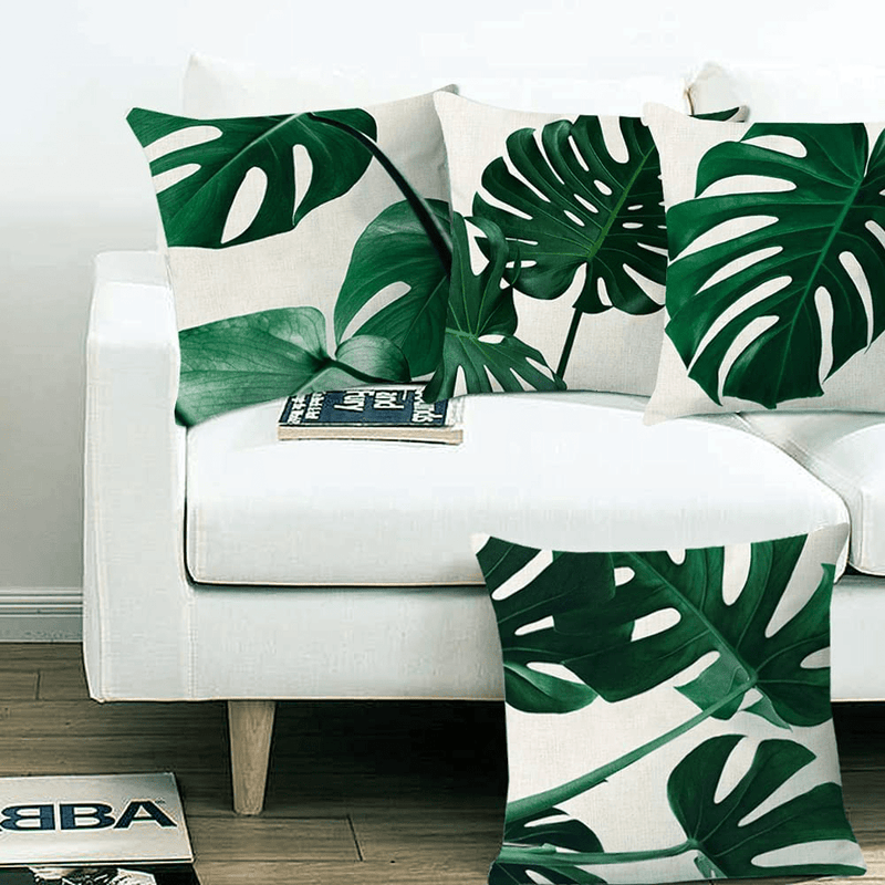Tropical Green Leaves Throw Pillow Covers 18X18 Set of 4, Linen Palm Leaf Leaves Decorative Throw Pillow Cushion Cases Cover for Outdoor Sofa Patio Couch Car Decor(Cream, No Pure White) Home & Garden > Decor > Chair & Sofa Cushions KAKABUQU   
