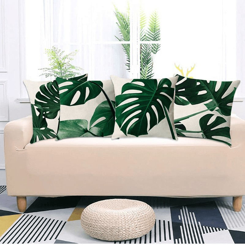 Tropical Green Leaves Throw Pillow Covers 18X18 Set of 4, Linen Palm Leaf Leaves Decorative Throw Pillow Cushion Cases Cover for Outdoor Sofa Patio Couch Car Decor(Cream, No Pure White) Home & Garden > Decor > Chair & Sofa Cushions KAKABUQU   