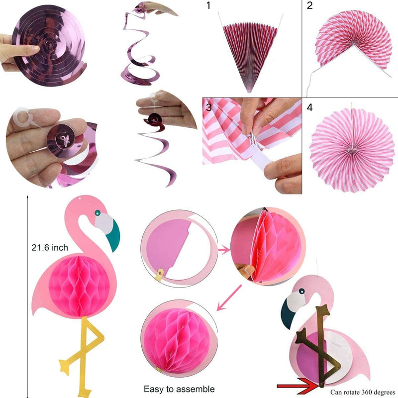 Tropical Pink Flamingo Party Decoration,Swirl Decorations,Hanging Paper Fans,Flamingo Birthday Banner for Hawaiian Summer Beach Party Birthday Baby Shower Wedding Festival Decorations Home & Garden > Decor > Seasonal & Holiday Decorations wangshanggou   