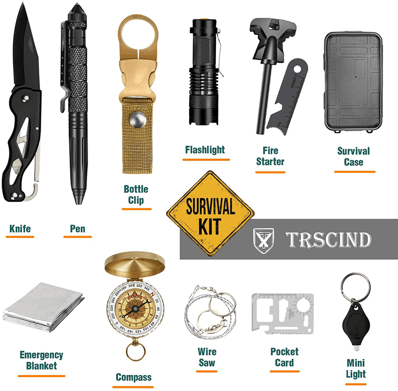 TRSCIND Survival Gear Kits 13-In-1 Outdoor Emergency SOS Survive Tool for Wilderness/ Trip/ Cars/ Hiking/ Camping Gear - Wire Saw, Emergency Blanket, Flashlight, Tactical Pen, Water Bottle Clip Ect