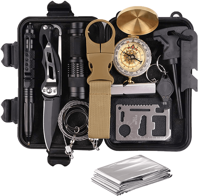 TRSCIND Survival Gear Kits 13-In-1 Outdoor Emergency SOS Survive Tool for Wilderness/ Trip/ Cars/ Hiking/ Camping Gear - Wire Saw, Emergency Blanket, Flashlight, Tactical Pen, Water Bottle Clip Ect
