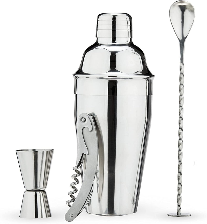 True 4-Piece Barware Set Cobbler Shaker with Cap and Strainer, Double Jigger, Muddler Bar Spoon, Corkscrew, Cocktail Kit, Stainless Steel, Set of 4, Silver