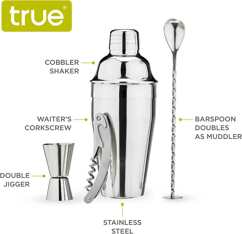 True 4-Piece Barware Set Cobbler Shaker with Cap and Strainer, Double Jigger, Muddler Bar Spoon, Corkscrew, Cocktail Kit, Stainless Steel, Set of 4, Silver