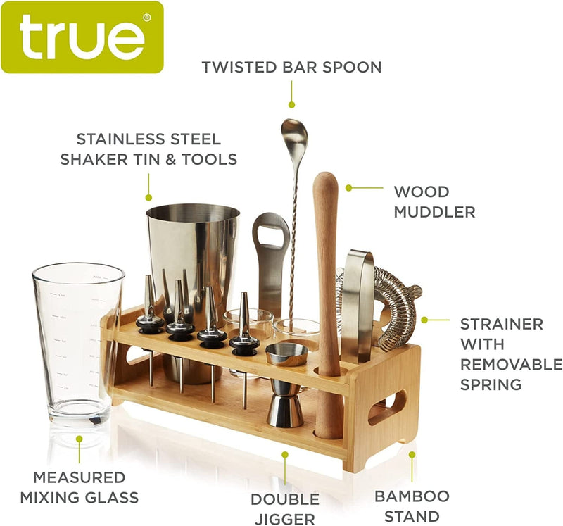 TRUE Barware Set 14 Piece Bar Kit with Shaker, Mixing Glass, Muddler, Double Jigger & More, Assorted