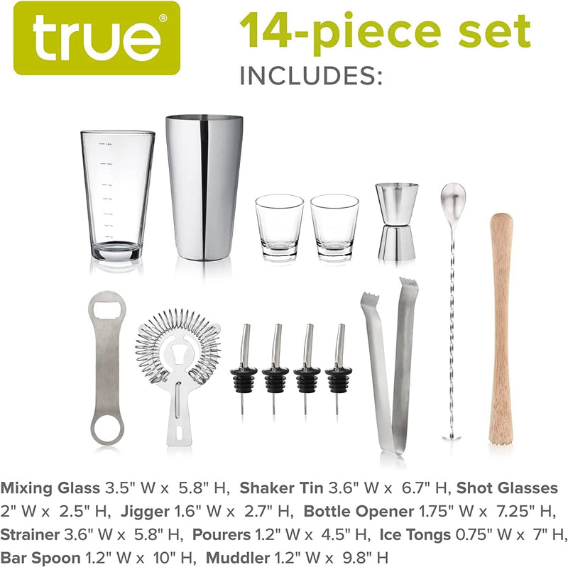 TRUE Barware Set 14 Piece Bar Kit with Shaker, Mixing Glass, Muddler, Double Jigger & More, Assorted Home & Garden > Kitchen & Dining > Barware True   