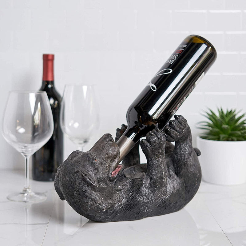 True Lucky Lab Tabletop Wine Bottle Holder Countertop Centerpiece Labrador Kitchen Decor for Dog Lovers Barware Accessory Black