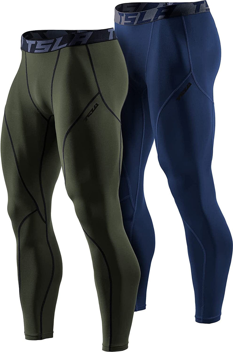 TSLA 1 or 2 Pack Men'S Thermal Compression Pants, Athletic Sports Leggings & Running Tights, Wintergear Base Layer Bottoms Sporting Goods > Outdoor Recreation > Winter Sports & Activities Tesla Gears 2pack Tights Navy/ Olive Medium 