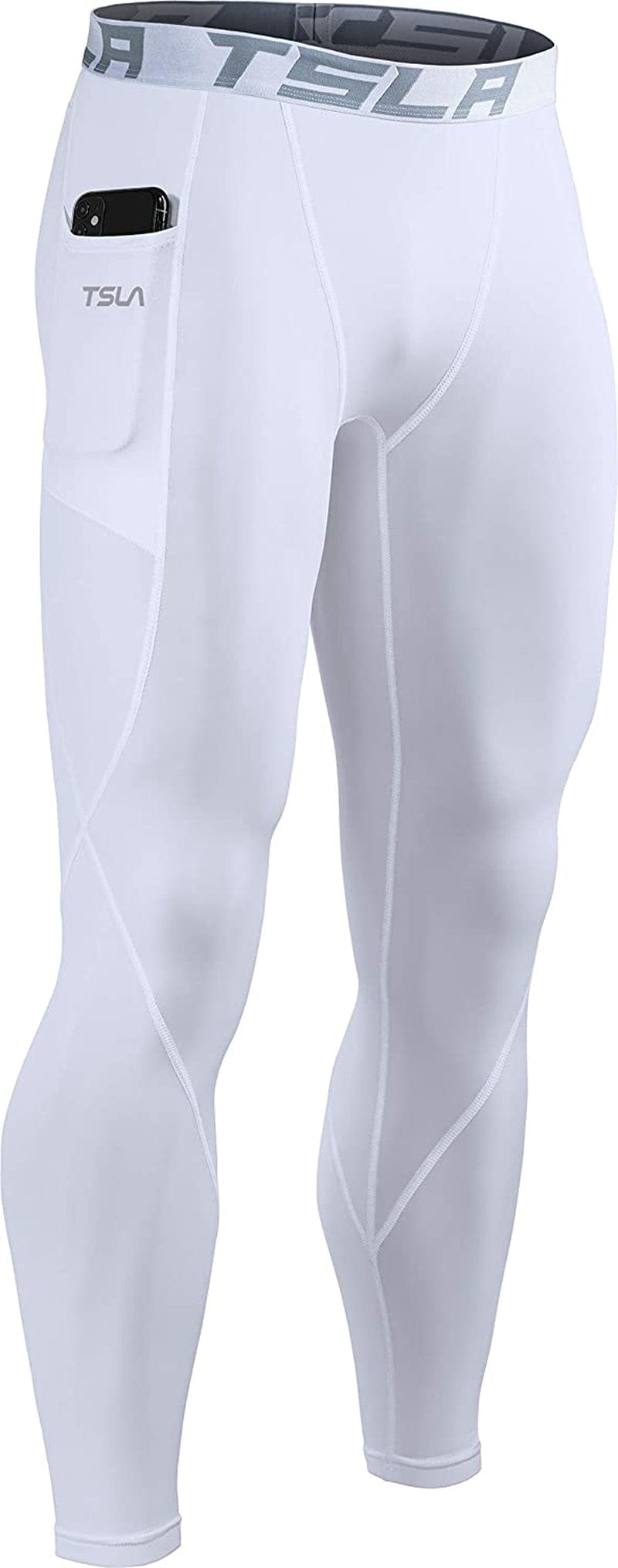 TSLA 1 or 2 Pack Men'S Thermal Compression Pants, Athletic Sports Leggings & Running Tights, Wintergear Base Layer Bottoms Sporting Goods > Outdoor Recreation > Winter Sports & Activities Tesla Gears Pocket White X-Large 
