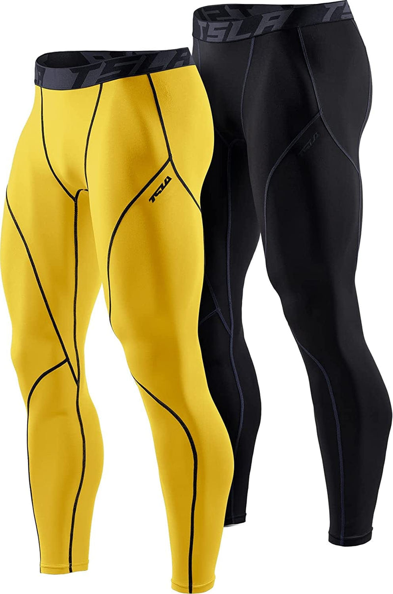 TSLA 1 or 2 Pack Men'S Thermal Compression Pants, Athletic Sports Leggings & Running Tights, Wintergear Base Layer Bottoms Sporting Goods > Outdoor Recreation > Winter Sports & Activities Tesla Gears 2pack Tights Black&charcoal/ Yellow Large 