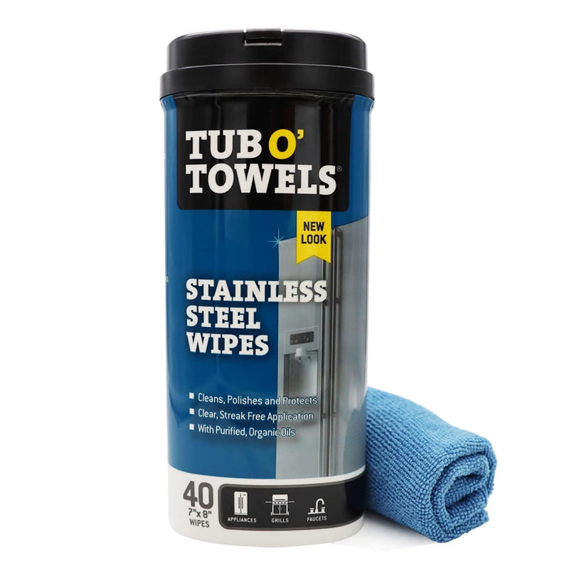 Tub O Towels Stainless Steel Appliance Cleaning Wipes - Clean, Polish, and Protect, 40-7” X 8” Wipes per Tub, 2-Pack, White
