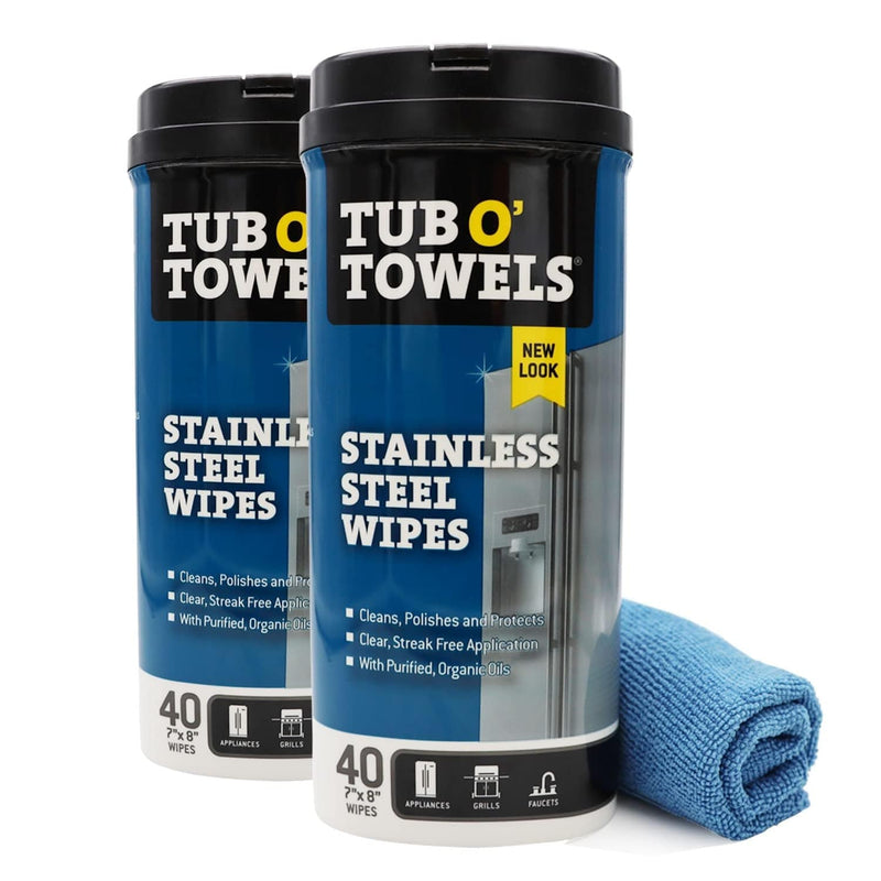 Tub O Towels Stainless Steel Appliance Cleaning Wipes - Clean, Polish, and Protect, 40-7” X 8” Wipes per Tub, 2-Pack, White Home & Garden > Household Supplies > Household Cleaning Supplies Tub-O-Towels 2-Pack & Microfiber  