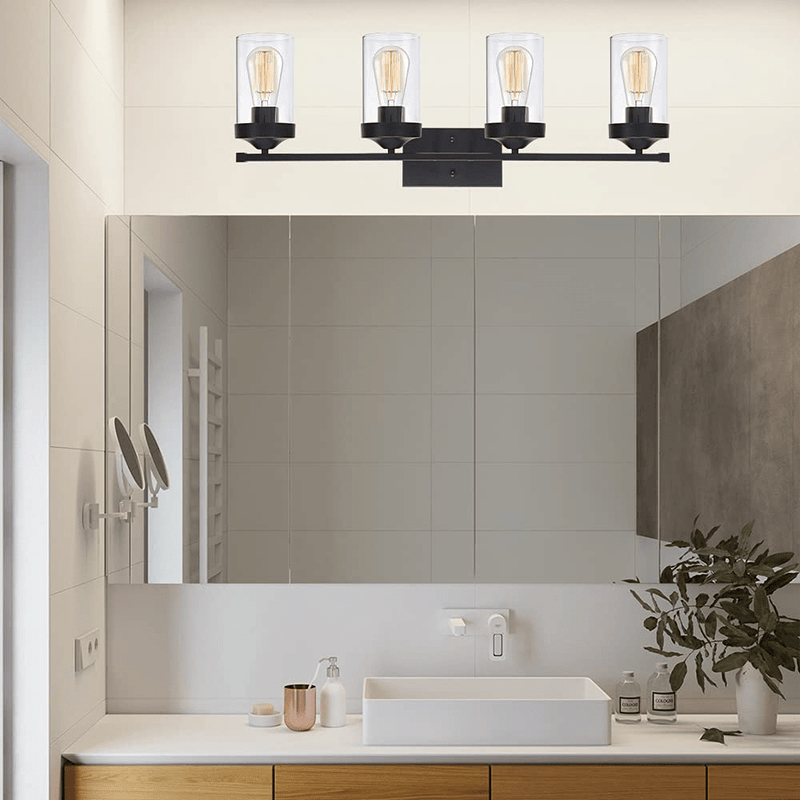 TULUCE 4 Light Bathroom Light Fixtures,Black Modern Vanity Lighting over Mirror Industrial Kitchen Wall Lamp with Clear Glass Shade Wall Sconce Lighting for Bath Living Room Bedroom Garage Porch