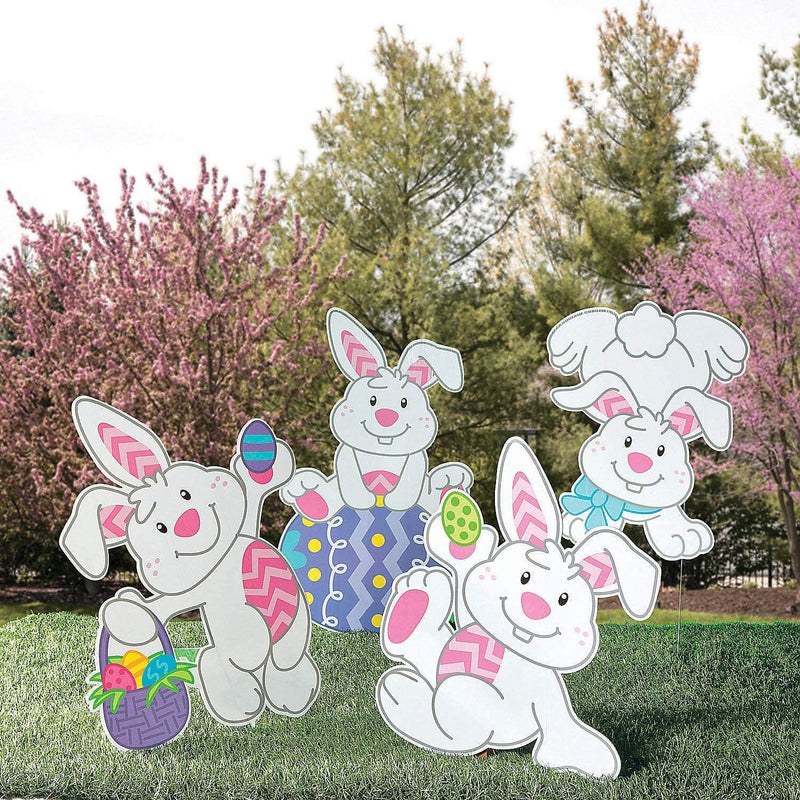 Tumbling Bunnies Yard Stakes for Easter - Set of 4 Signs - Large 20 Inch X 28 Inch Size - Outdoor Easter Decorations and Egg Hunt Decor