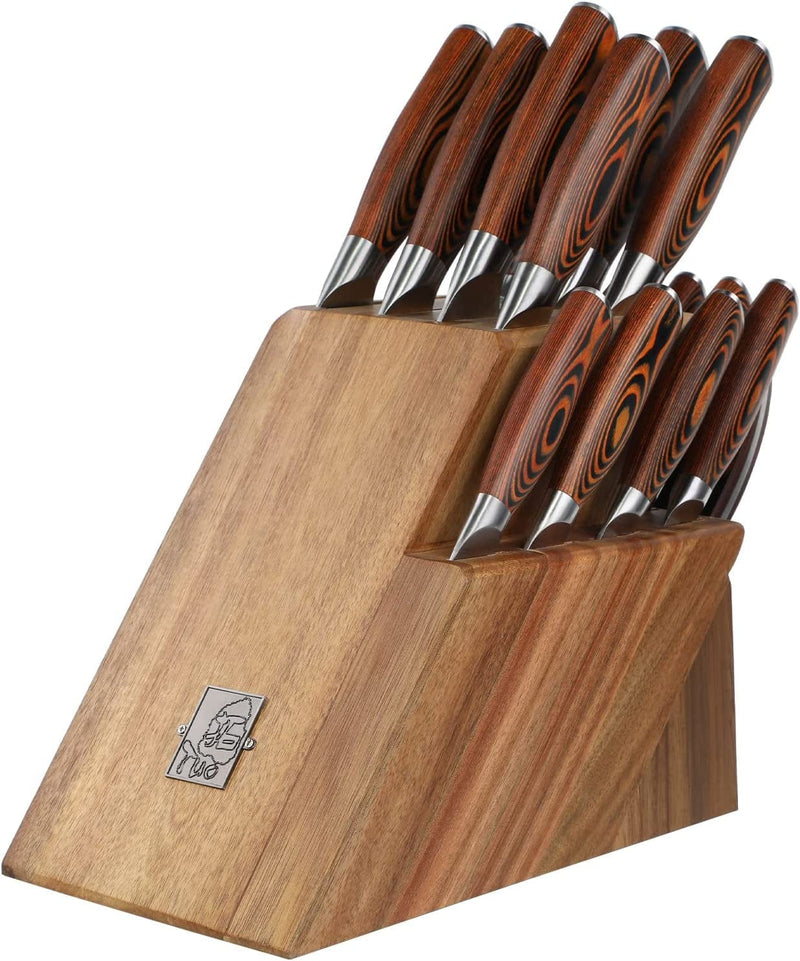 TUO Knife Block Set - 17 PCS Kitchen Knife Set with Wooden Block, Honing Steel and Shears - German X50Crmov15 Steel with Full Tang Pakkawood Handle - FALCON SERIES with Gift Box, Black
