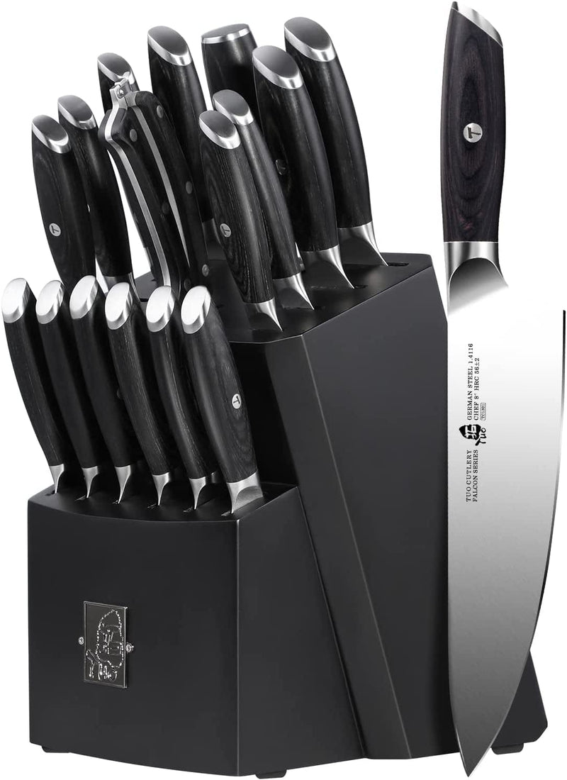 TUO Knife Block Set - 17 PCS Kitchen Knife Set with Wooden Block, Honing Steel and Shears - German X50Crmov15 Steel with Full Tang Pakkawood Handle - FALCON SERIES with Gift Box, Black Home & Garden > Kitchen & Dining > Kitchen Tools & Utensils > Kitchen Knives TUO Falcon 17 pcs knife set  