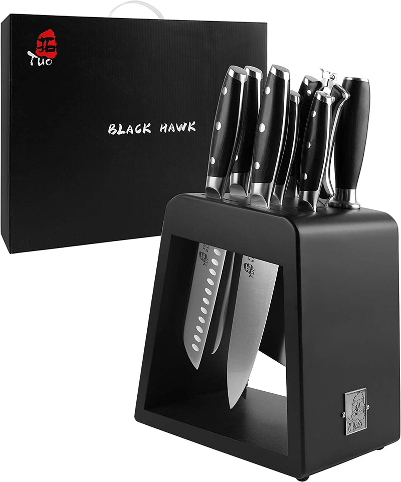 TUO Knife Set - 8 Pcs Kitchen Knife Set with Wooden Block - German HC Stainless Steel Chef Knife Set - Ergonomic Pakkawood Handle - BLACK HAWK SERIES with Gift Box