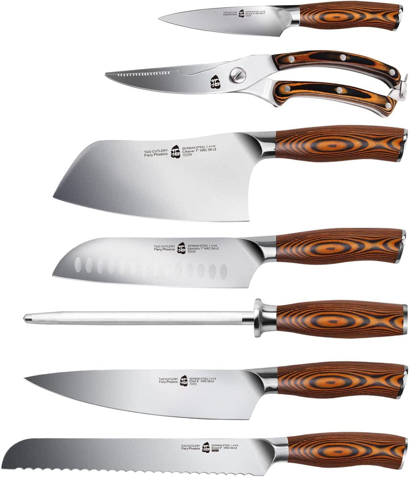 TUO Knife Set 8Pcs, Japanese Kitchen Chef Knives Set with Wooden Block, Including Honing Steel and Shears, Forged German HC Steel with Comfortable Pakkawood Handle, Fiery Series Come with Gift Box Home & Garden > Kitchen & Dining > Kitchen Tools & Utensils > Kitchen Knives TUO   