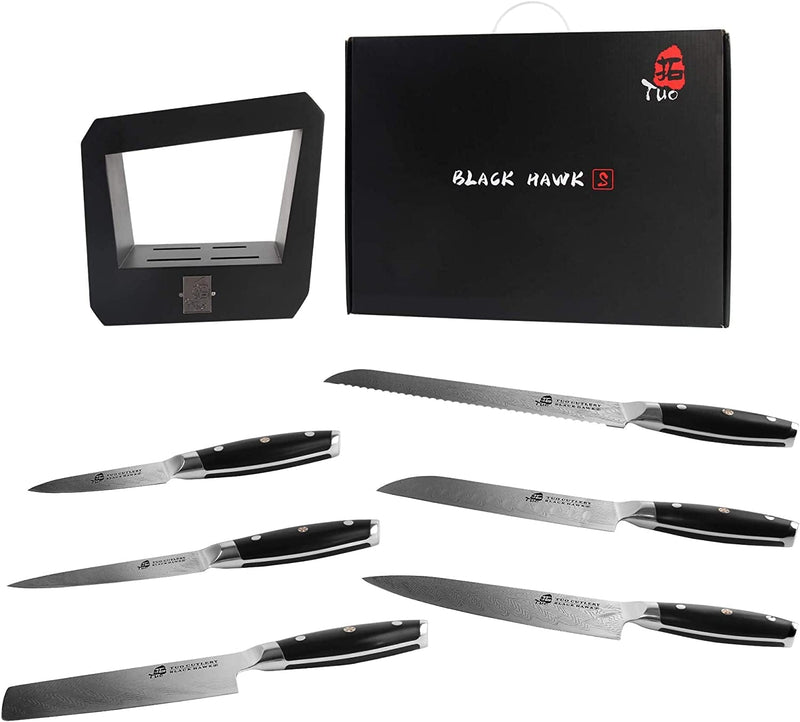 TUO Knife Set - Kitchen Knife Set with Wooden Block 7 Pieces - G10 Full Tang Ergonomic Handle - BLACK HAWK S SERIES with Gift Box