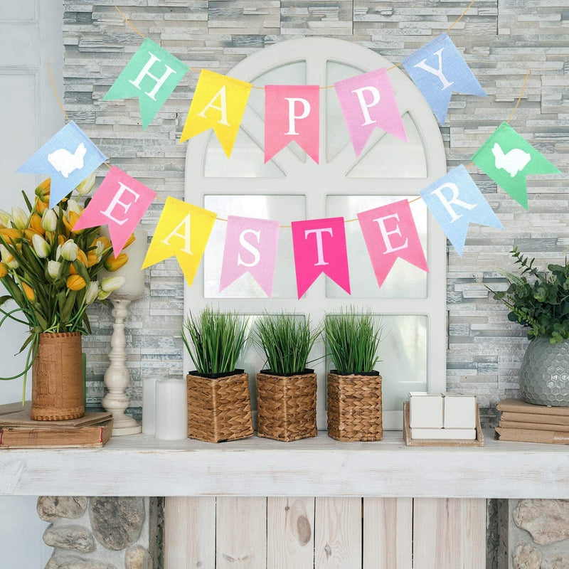 TUPARKA 2Pcs Colorful Happy Easter Banners Easter Burlap Banner Easter Bunny Bunting Garland Easter Decorations for Home Easter Party Supplies Home & Garden > Decor > Seasonal & Holiday Decorations TUPARKA   