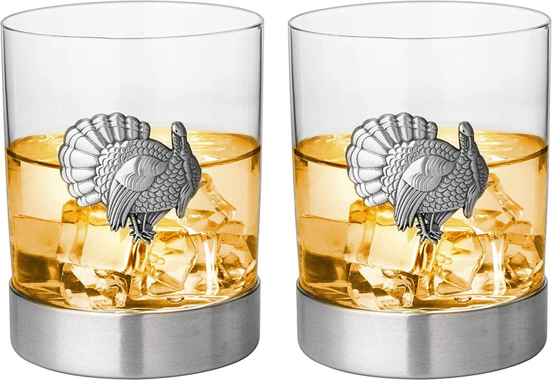 Turkey Whiskey Glasses Set of 2 by the Wine Savant, Old Fashioned Whiskey, Rum, Brandy, Scotch Glasses, Elegant Badge, Thanksgiving 11 OZ, Gifts for Men, Women, Pheasant Quail Hunting Gifts Glass