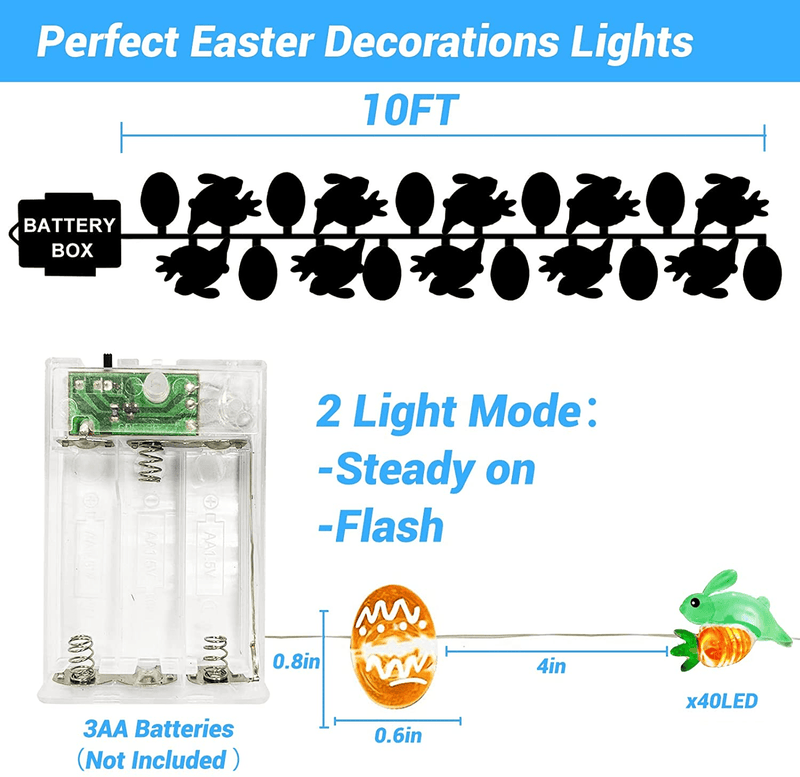 TURNMEON 10 Ft 40 LED Easter Eggs Bunny String Lights Decorations Battery Operated Fairy String Lights Spring Easter Decorations for Home Indoor Outdoor Window Tree Bedroom Easter Egg Hunt Party Home & Garden > Decor > Seasonal & Holiday Decorations TURNMEON   