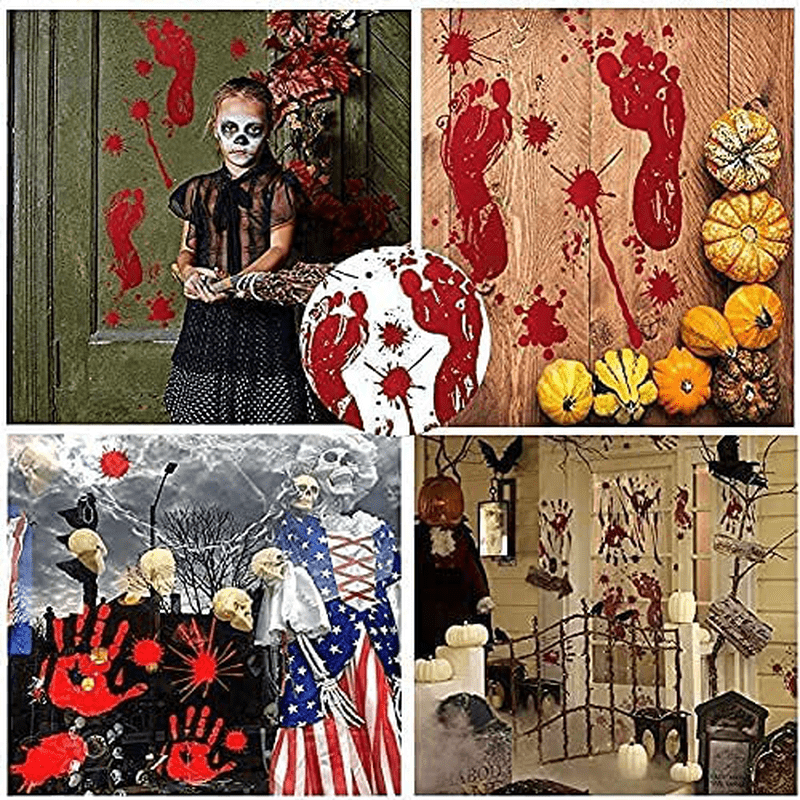 TURNMEON 104Pcs Halloween Window Clings Halloween Decorations Double-Sided Bloody Handprint Footprint Halloween Window Stickers for Wall Floor Vampire Horror for Halloween Party Decor(8 Sheets)