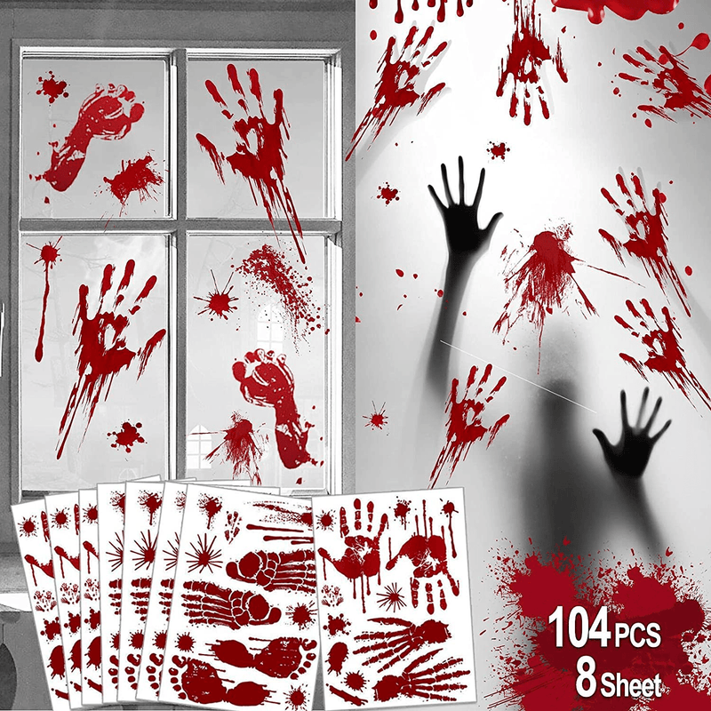 TURNMEON 104Pcs Halloween Window Clings Halloween Decorations Double-Sided Bloody Handprint Footprint Halloween Window Stickers for Wall Floor Vampire Horror for Halloween Party Decor(8 Sheets) Arts & Entertainment > Party & Celebration > Party Supplies TURNMEON Default Title  