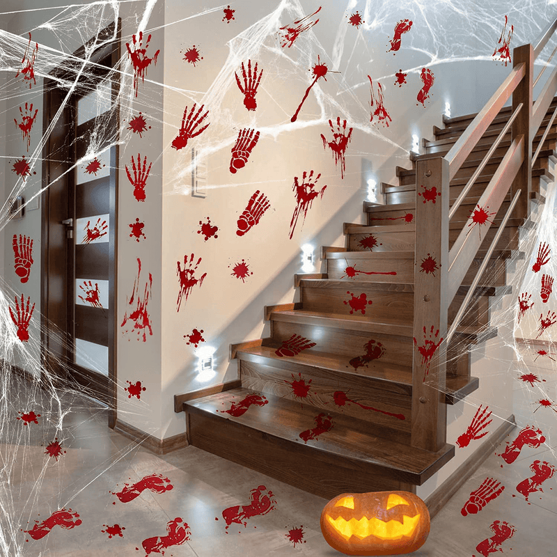 TURNMEON 104Pcs Halloween Window Clings Halloween Decorations Double-Sided Bloody Handprint Footprint Halloween Window Stickers for Wall Floor Vampire Horror for Halloween Party Decor(8 Sheets)