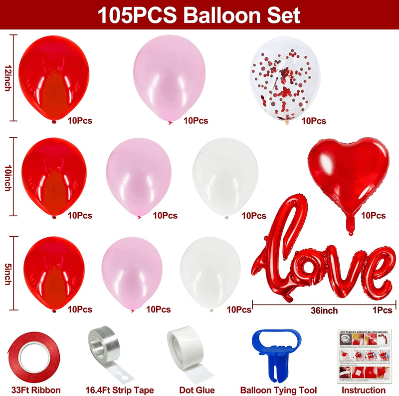 TURNMEON 105Pcs Valentine'S Day Balloon Arch Garland Kit, 12" 10" 5" Red Pink White Confetti Latex Balloon Red Love Heart Balloons Valentines Decorations Anniversary Wedding Engagement Party Supplies