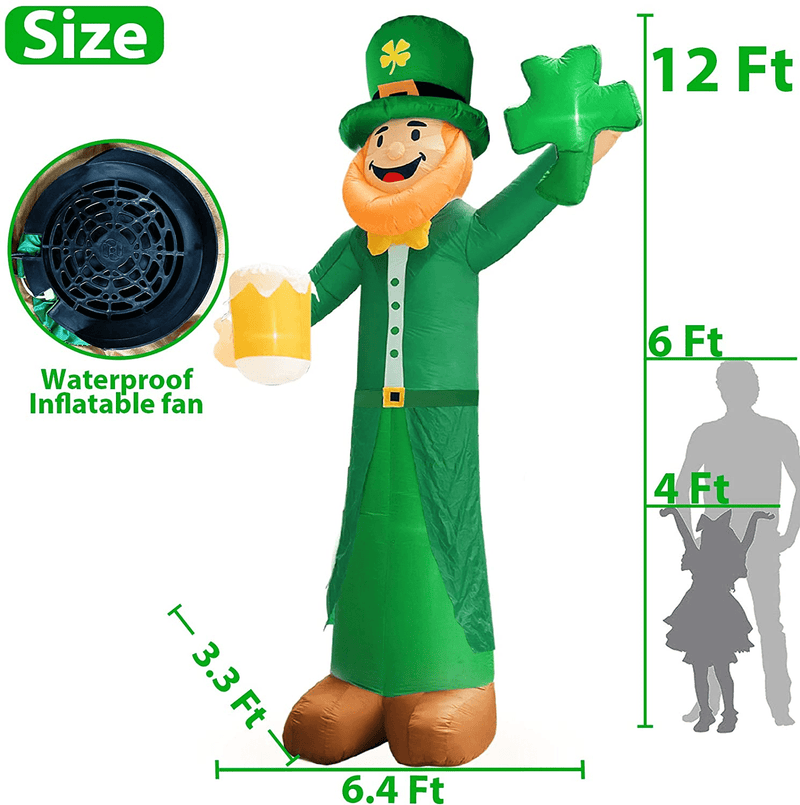 TURNMEON 12 Foot Giant St.Patricks Day Inflatables Outdoor Decorations Blow up Leprechaun Hold Shamrocks Beer Led Lights Tether Stakes St. Patricks Decorations Yard Lawn Garden Home Party Indoor Decor